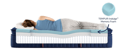 Woman laying on Lux Estate Elite with Indulge Memory Foam Labeled