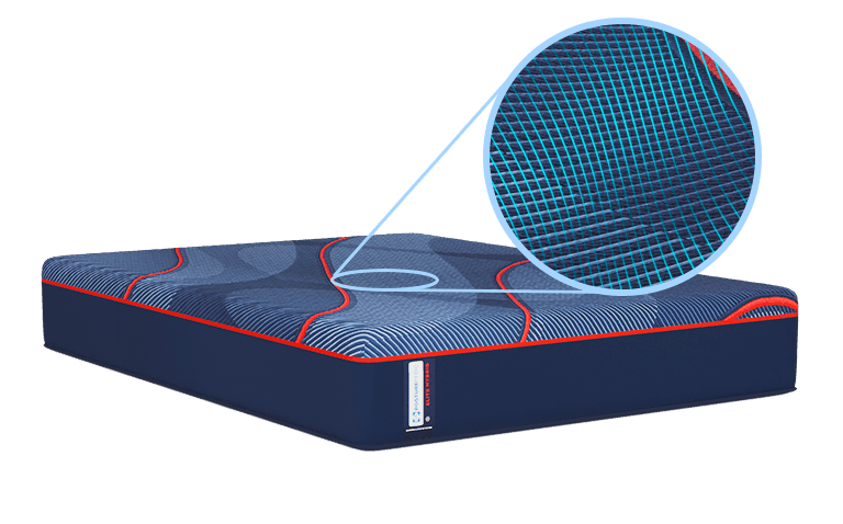 Posturepedic Elite Hybrid mattress with close up on cooling cover